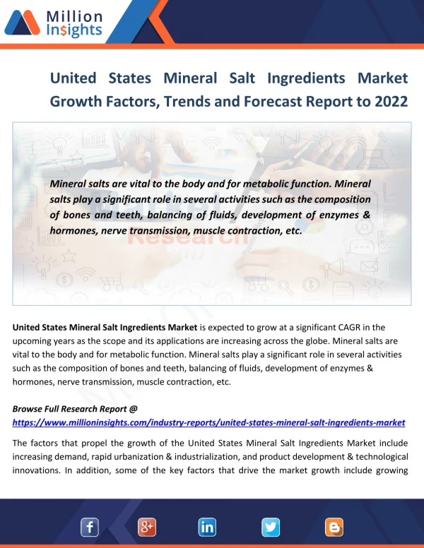 United States Mineral Salt Ingredients Market Forecast, Size and Gross Margin Analysis by 2022
