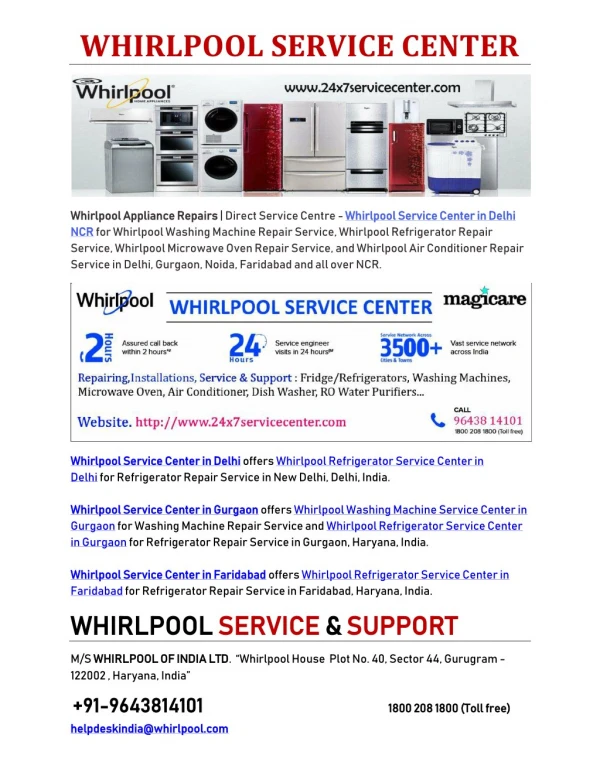 Whirlpool Repair Service Center | Whirlpool Customer Care - Delhi, Gurgaon, Noida & Faridabad