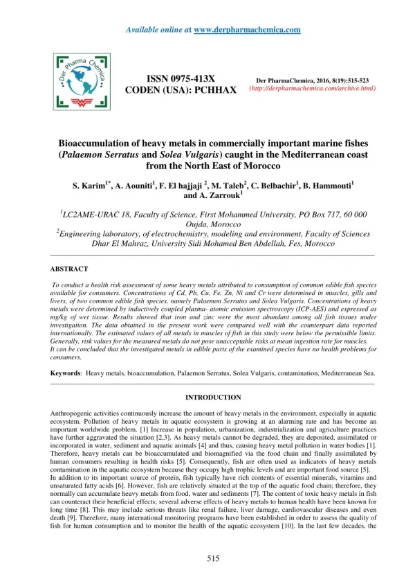 Bioaccumulation of heavy metals in commercially important marine fishes (Palaemon Serratus and Solea Vulgaris) caught in