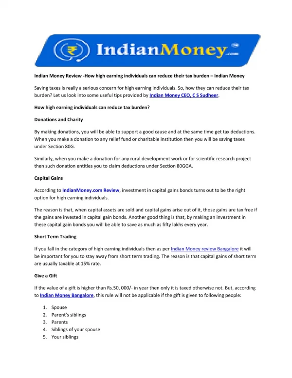 Indian Money Review -How high earning individuals can reduce their tax burden â€“ Indian Money