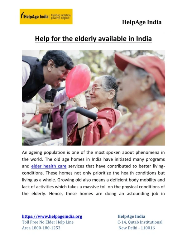 Help For The Elderly Available In India