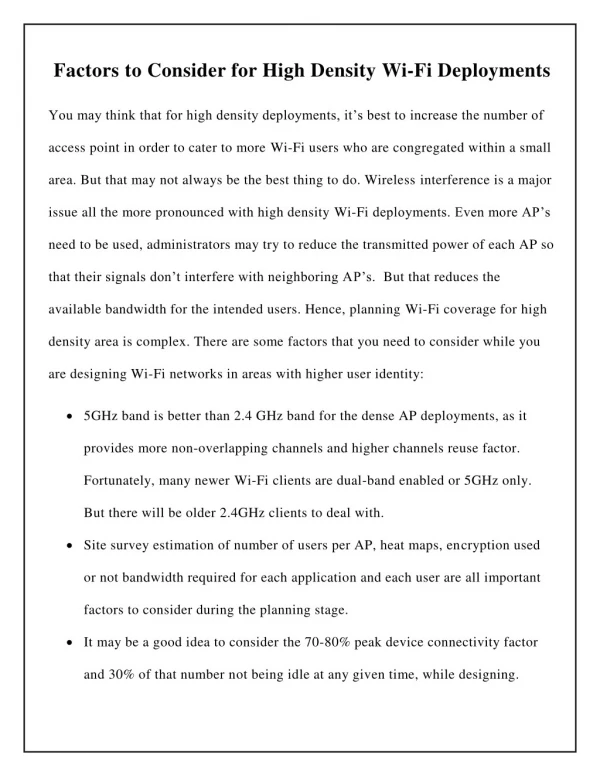 Factors to Consider for High Density Wi-Fi Deployments