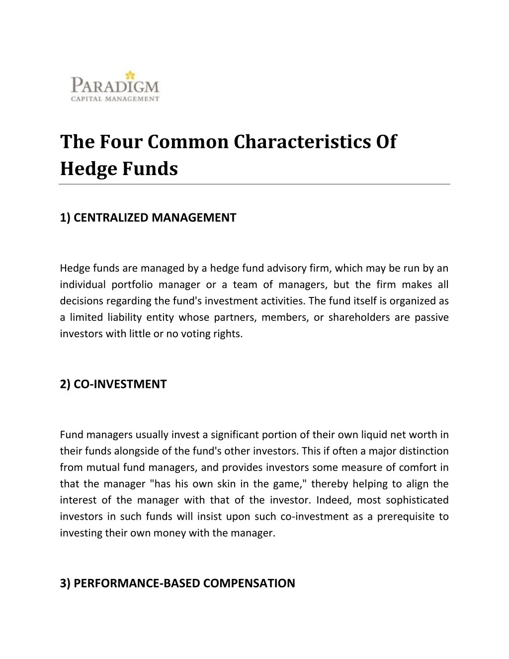 the four common characteristics of hedge funds