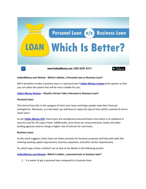 IndianMoney.com Review - Which is Better, a Personal Loan or Business Loan?