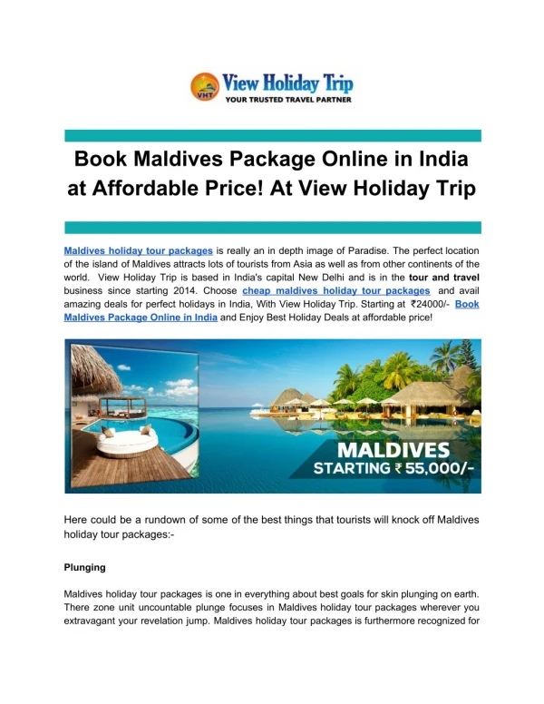 Book Maldives Package Online in India at Affordable Price! At View Holiday Trip