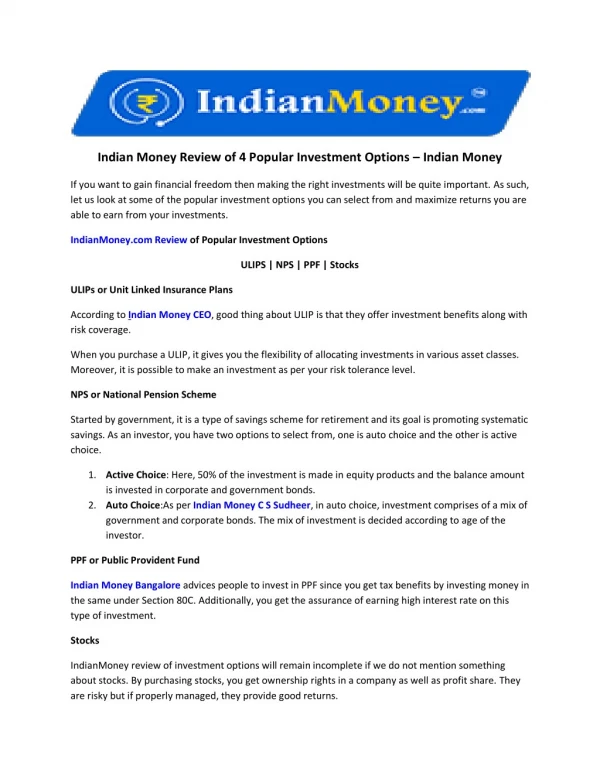 Indian Money Review of 4 Popular Investment Options â€“ Indian Money