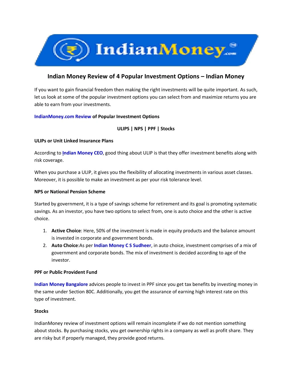 indian money review of 4 popular investment
