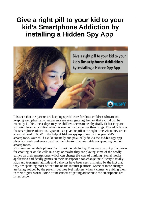 Give a right pill to your kid to your kid’s Smartphone Addiction by installing a Hidden Spy App