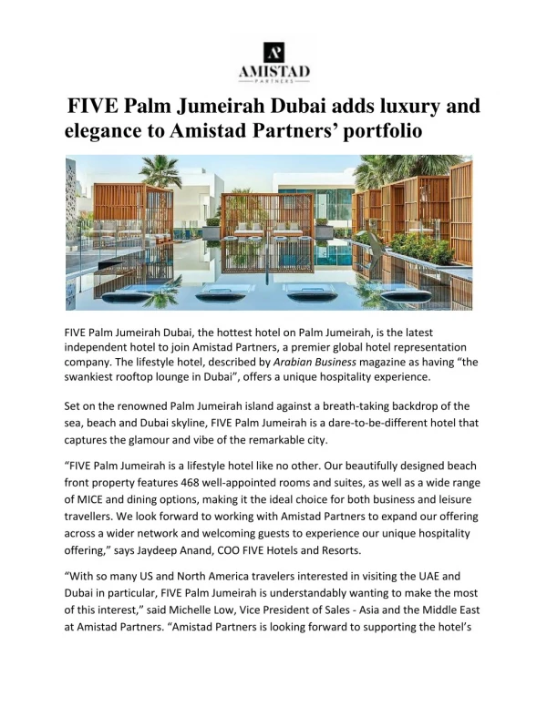FIVE Palm Jumeirah Dubai adds luxury and elegance to Amistad Partners’ portfolio