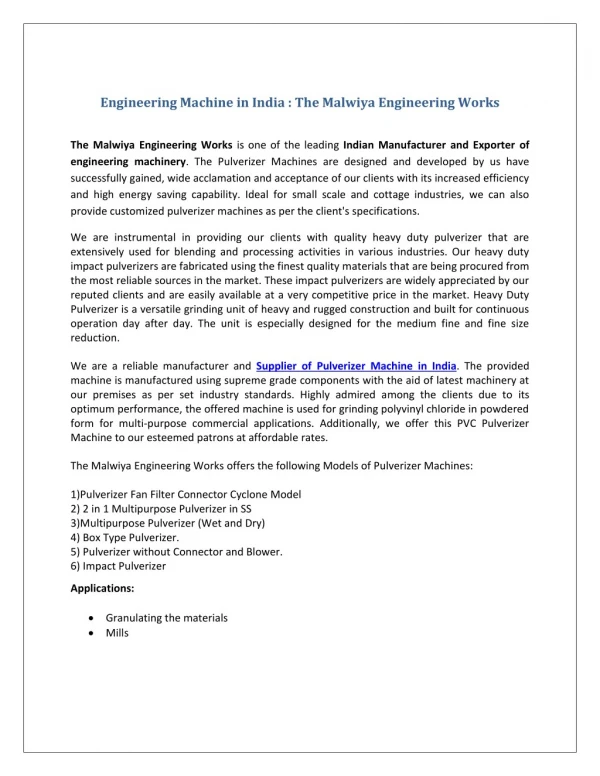 Engineering Machine in India : The Malwiya Engineering Works