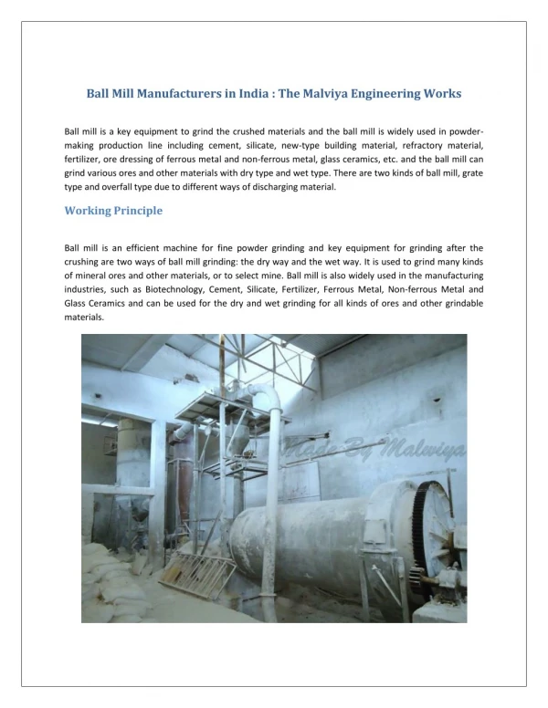 Ball Mill Manufacturers in India : The Malviya Engineering Works