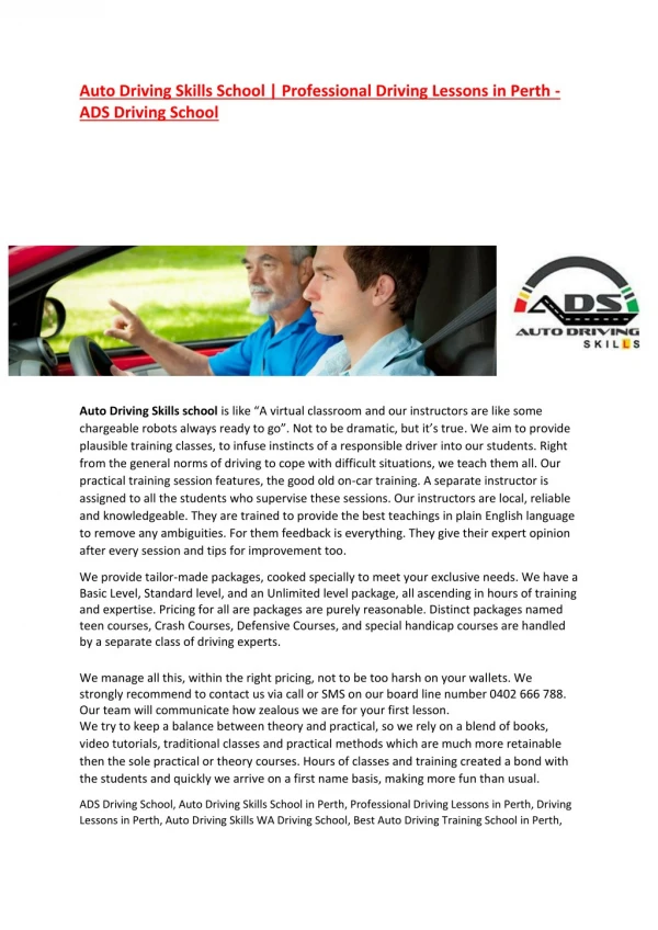 Best Auto Driving Lessons School Perth - ADS Driving School