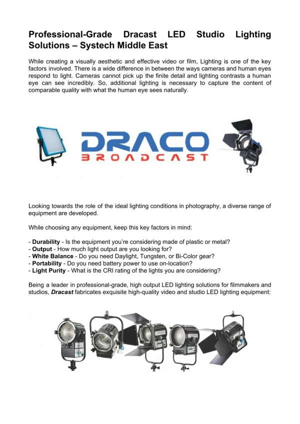 Studio Lighting - DRACO BROADCAST, Quartzcolor | Systech Middle East