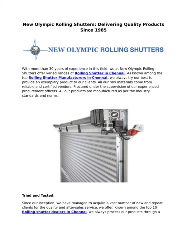 New Olympic Rolling Shutters: Delivering Quality Products Since 1985