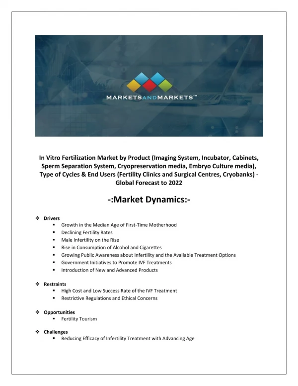 In Vitro Fertilization Market - New Research Report by MarketsandMarkets