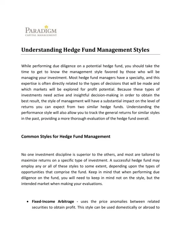 Understanding Hedge Fund Management Styles