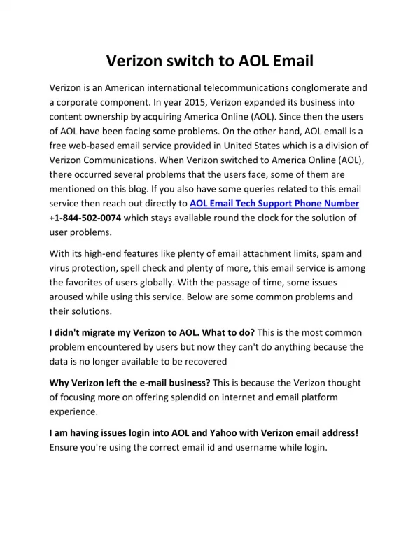 Verizon switch to AOL Email 1-844-502-0074