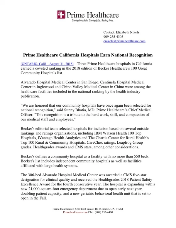 Prime Healthcare California Hospitals Earn National Recognition