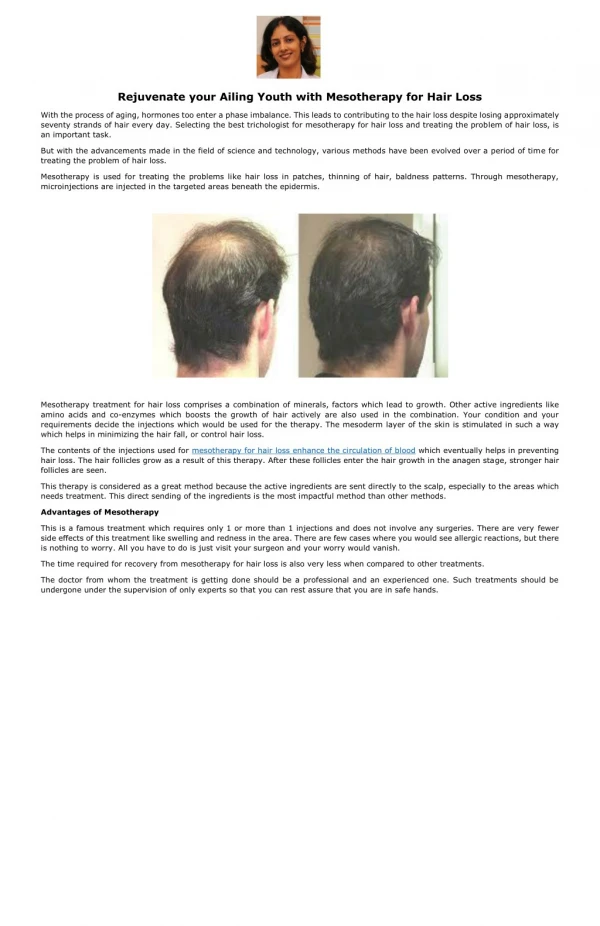Rejuvenate your Ailing Youth with Mesotherapy for Hair Loss