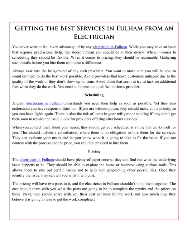 Getting the Best Services in Fulham from an Electrician