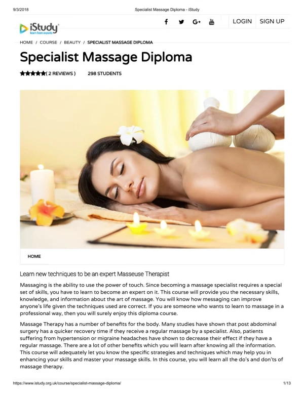 Specialist Massage Diploma - istudy