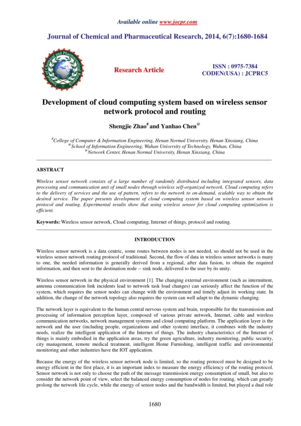 Development of cloud computing system based on wireless sensor network protocol and routing