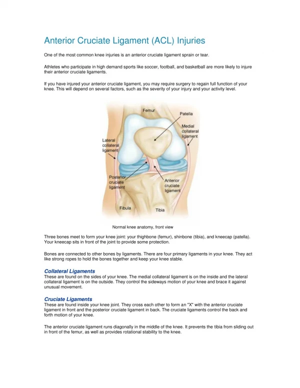 Anterior Cruciate Ligament (ACL) Injuries Surgery pdf | Shri Ramchandra Joint Relacement Centre in Guntur | Vijayawad