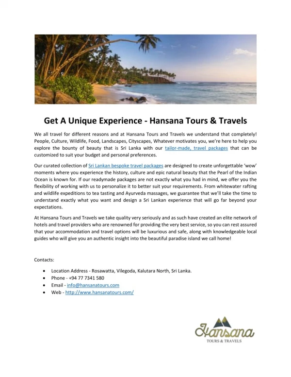 Get A Unique Experience - Hansana Tours & Travels