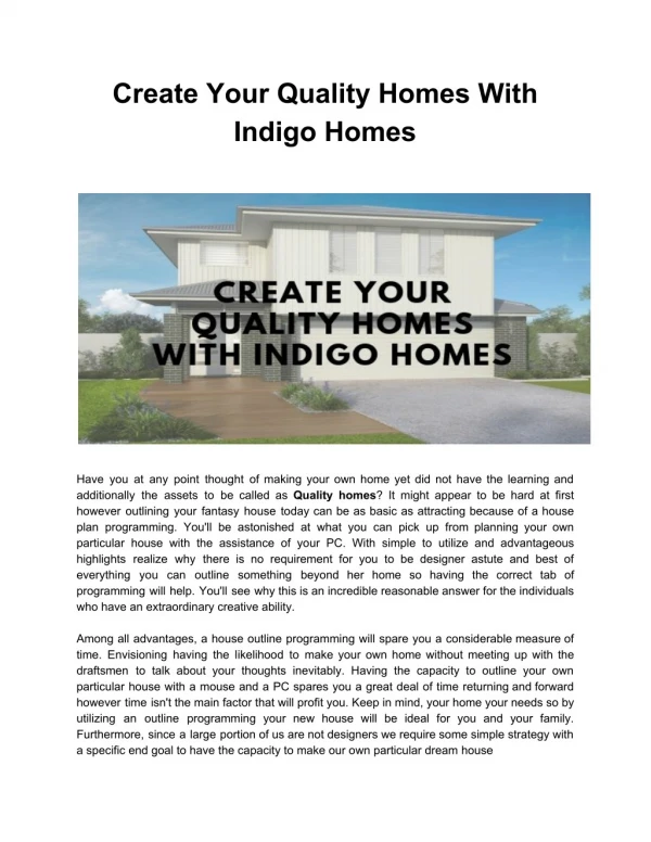 Create Your Quality Homes With Indigo Homes