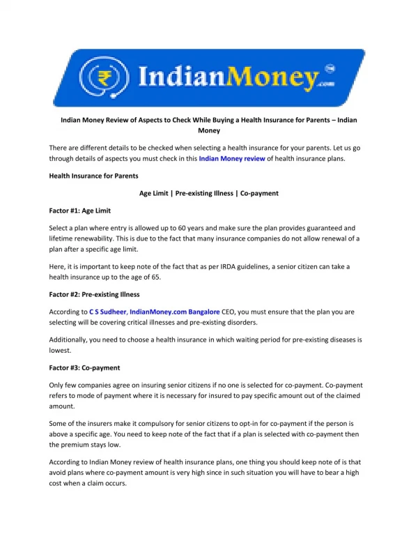 Indian Money Review of Aspects to Check While Buying a Health Insurance for Parents – Indian Money