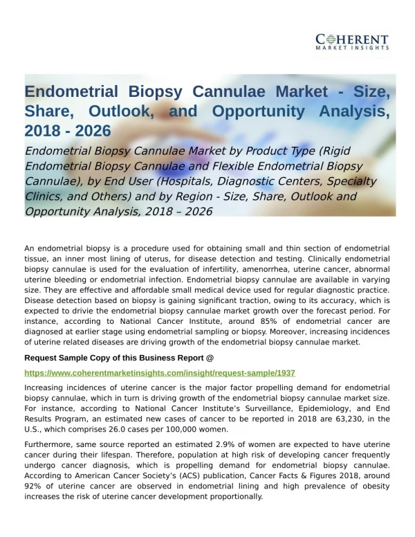 Endometrial Biopsy Cannulae Market Opportunity Analysis, 2018 – 2026