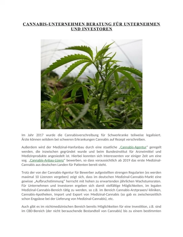 CANNABIS-UNTERNEHMEN BERATUNG FÃœR UNTERNEHMEN UND INVESTOREN - Cannabis Recht