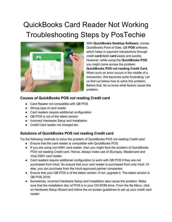 QuickBooks Card Reader Not Working Troubleshooting Steps by PosTechie