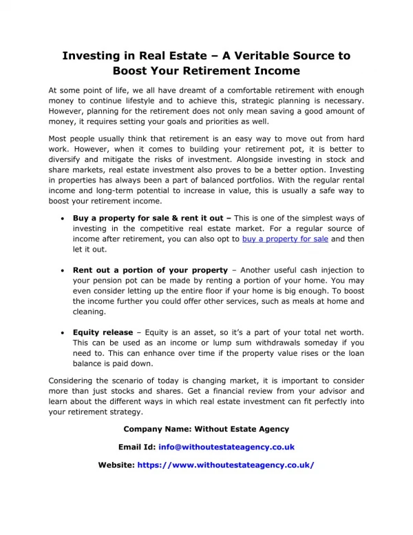 Investing in Real Estate â€“ A Veritable Source to Boost Your Retirement Income