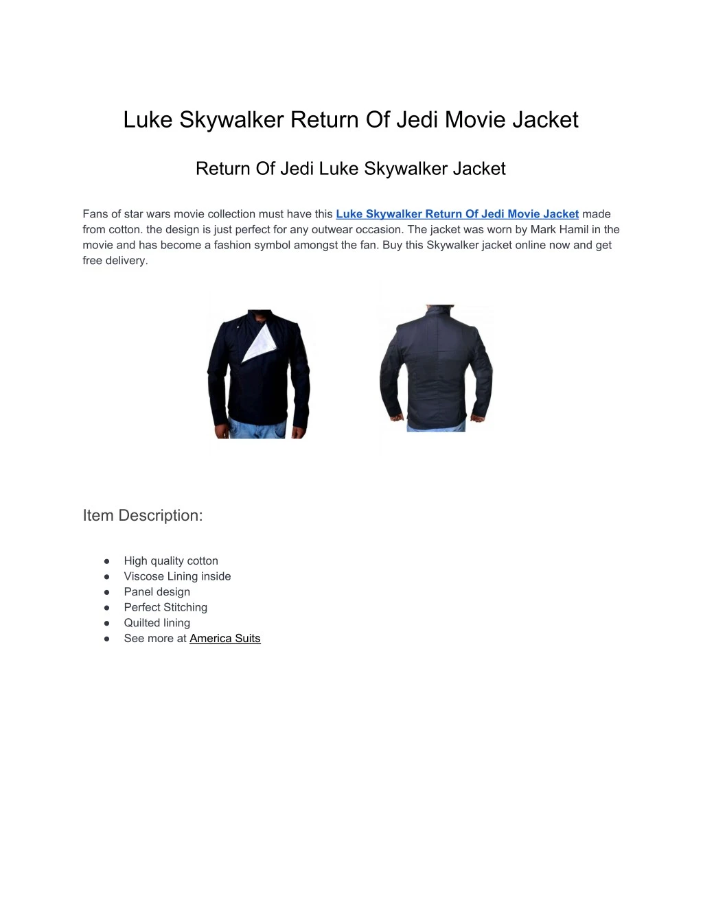 luke skywalker return of jedi movie jacket