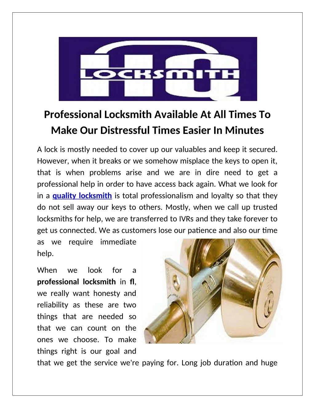 professional locksmith available at all times
