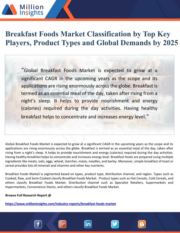 Breakfast Foods Market Classification by Top Key Players, Product Types and Global Demands by 2025
