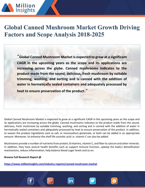 Global Canned Mushroom Market Growth Driving Factors and Scope Analysis 2018-2025