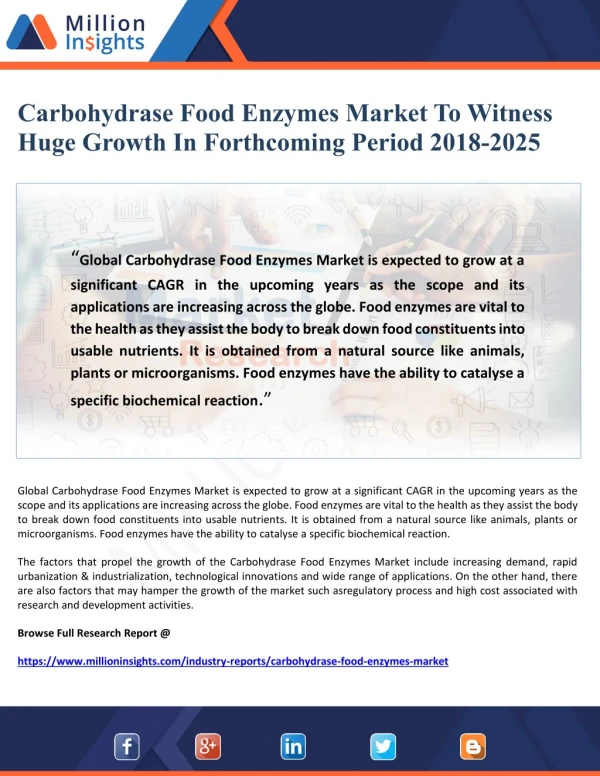 Carbohydrase Food Enzymes Market To Witness Huge Growth In Forthcoming Period 2018-2025