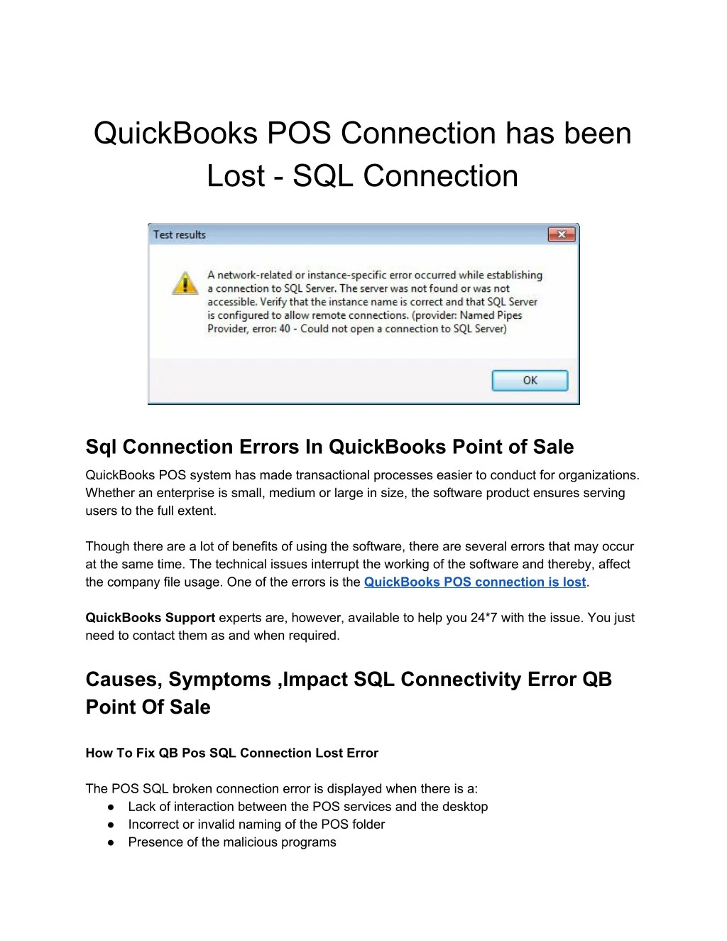 quickbooks pos connection has been lost