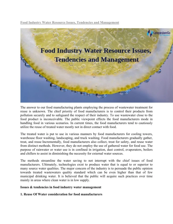 Food Industry Water Resource Issues, Tendencies and Management