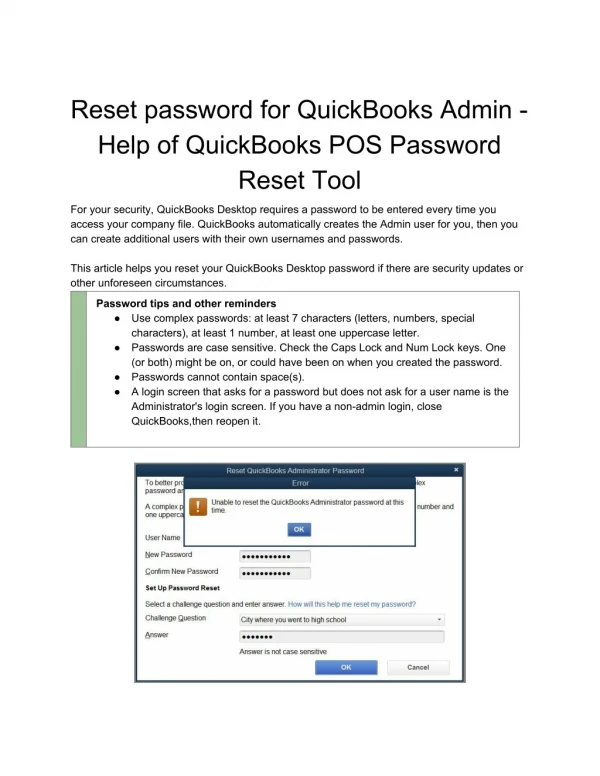 Reset password for QuickBooks Admin - Help of QuickBooks POS Password Reset Tool