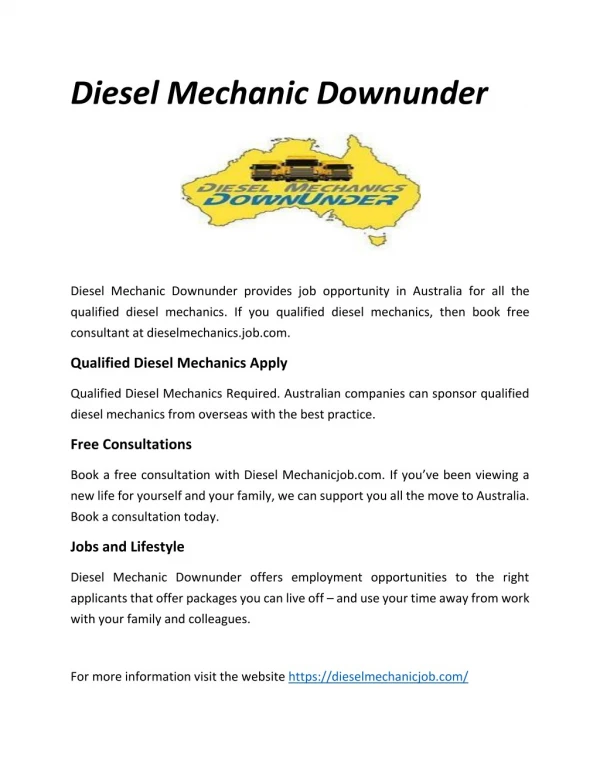Diesel Mechanic Downunder provides job opportunity in Australia