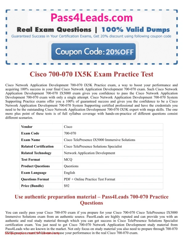 Cisco 700-070 Test Practice Exam Dumps 2018