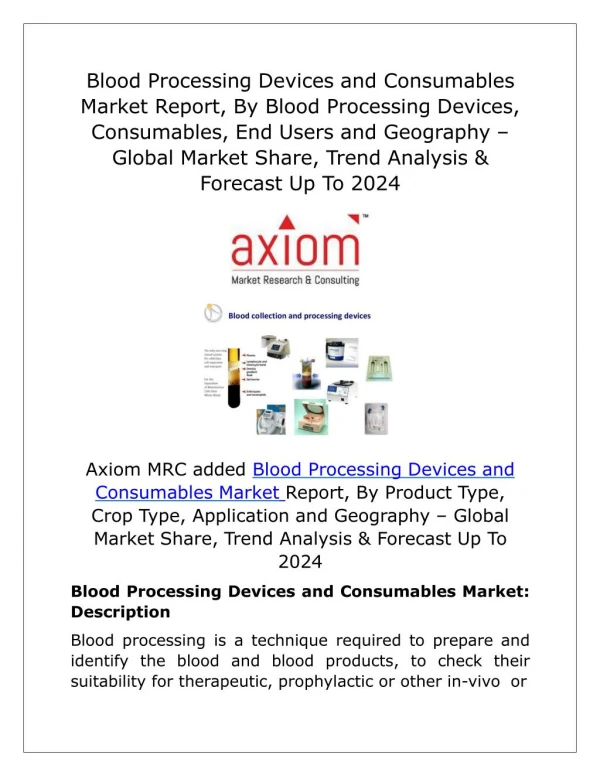 Blood Processing Devices and Consumables Market Future Demand & Growth Analysis with Forecast up to 2024