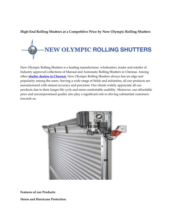 High-End Rolling Shutters at a Competitive Price by New Olympic Rolling Shutters