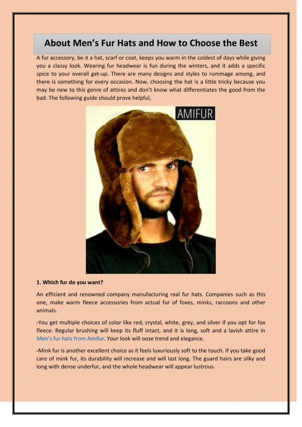About Men’s Fur Hats and How to Choose the Best