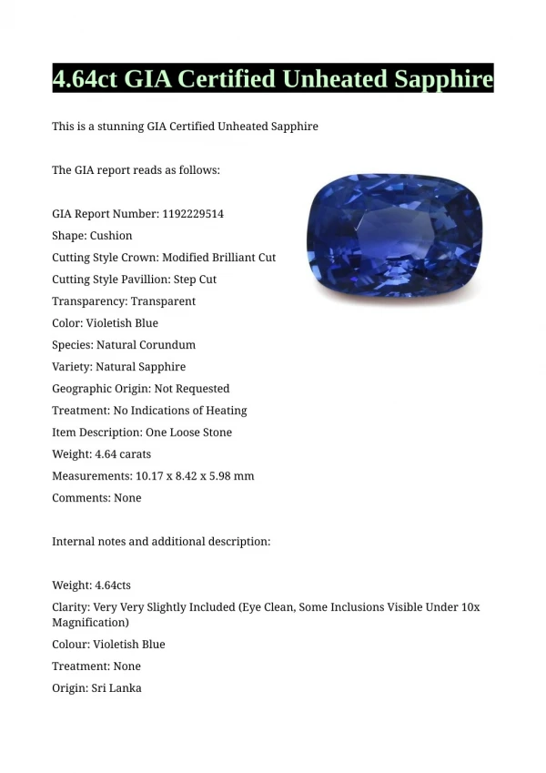 4.64ct GIA Certified Unheated Sapphire