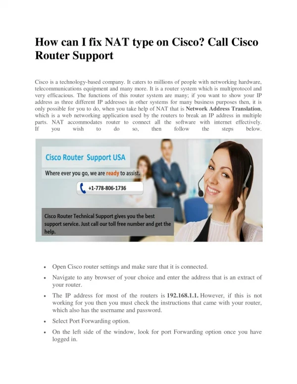 How can I fix NAT type on Cisco? Call Cisco Router Support