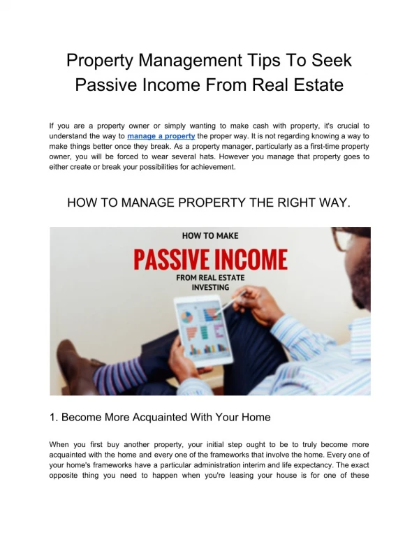 Property Management Tips To Seek Passive Income From Real Estate